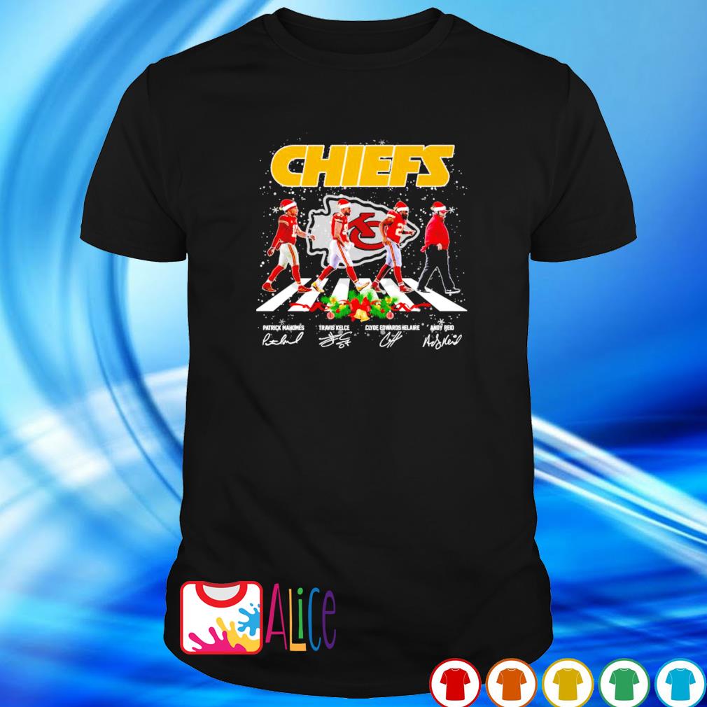 Awesome kC Chiefs Patrick Mahomes Travis Kelce Clyde Edwards Helaire Andy Reid on the road Christmas shirt